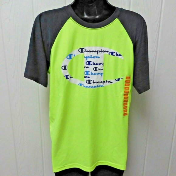 Champion Neon Yellow Logo Script T-Shirt Gray Arms Boys' Sizes 5/6 -18/20 - Picture 1 of 4